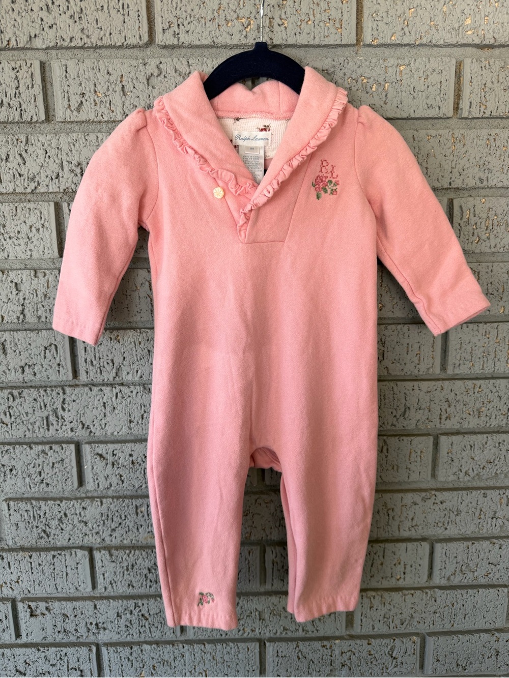 Ralph Lauren Ruffle Collar Onesie Cross-stitched Logo Elbow Patches Size 9M